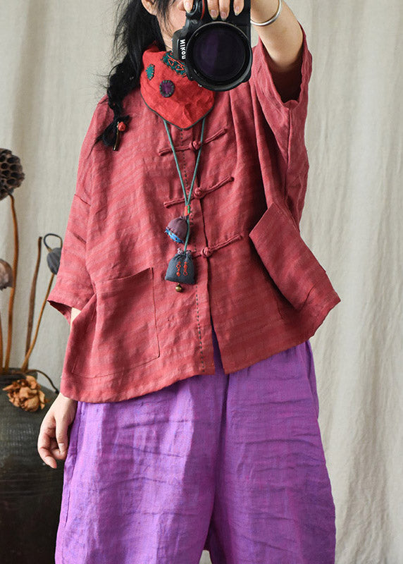 Red O-Neck Pockets Linen Shirts Long Sleeve