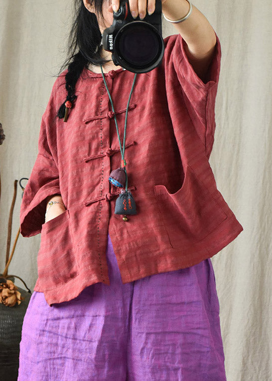 Red O-Neck Pockets Linen Shirts Long Sleeve