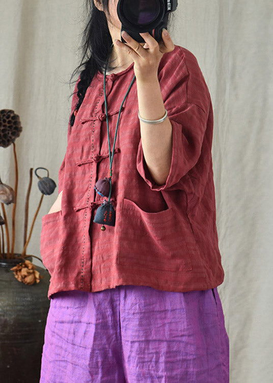 Red O-Neck Pockets Linen Shirts Long Sleeve