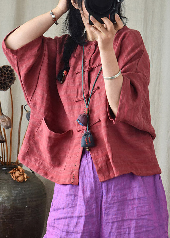 Red O-Neck Pockets Linen Shirts Long Sleeve