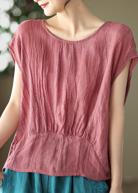 Red O-Neck Wrinkled Linen Tops Short Sleeve