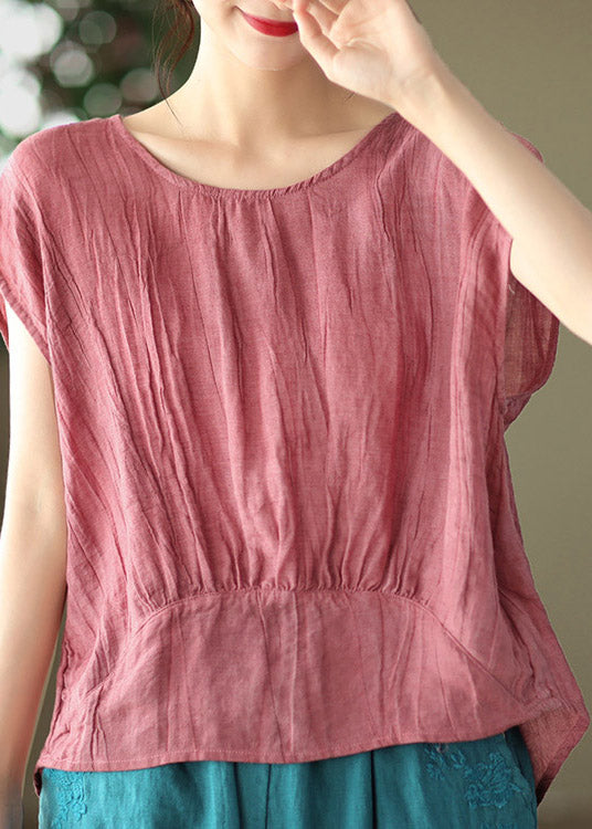 Red O-Neck Wrinkled Linen Tops Short Sleeve