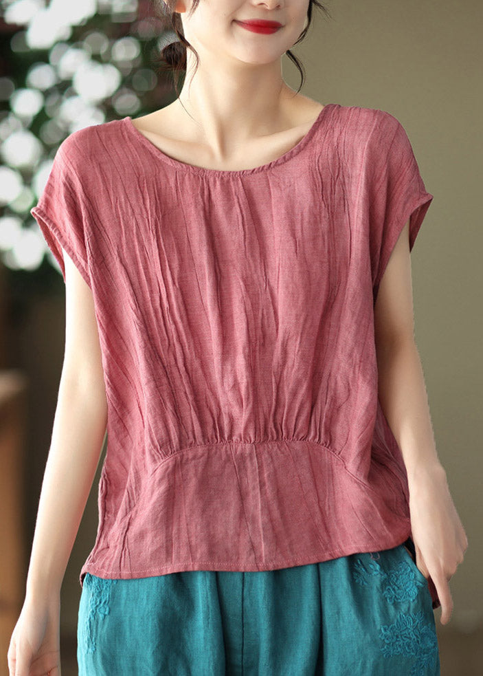 Red O-Neck Wrinkled Linen Tops Short Sleeve