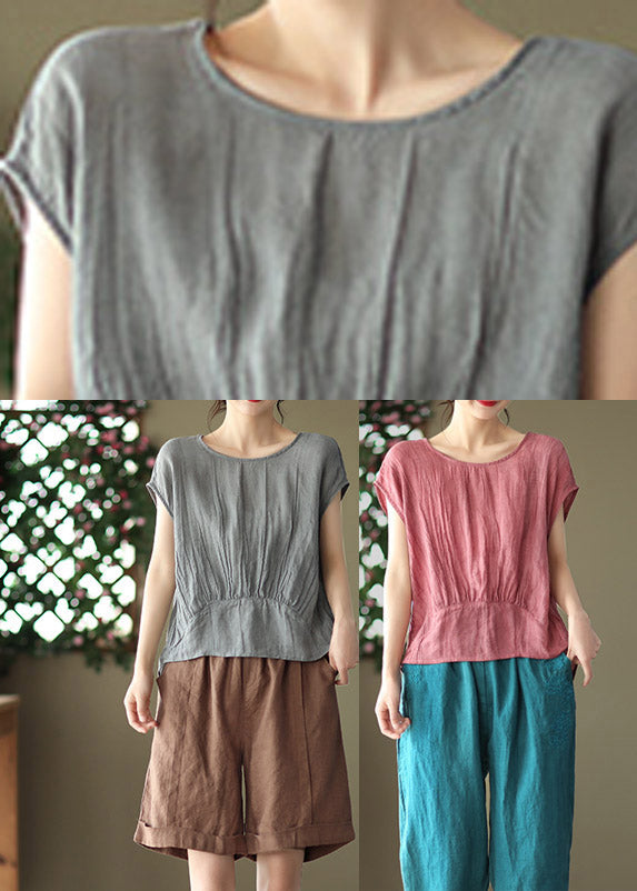 Red O-Neck Wrinkled Linen Tops Short Sleeve