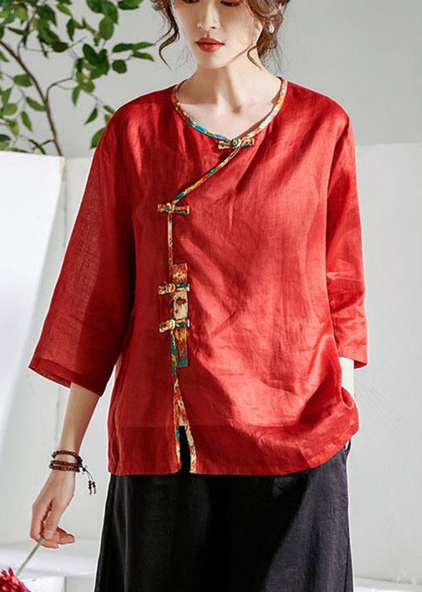 Red Oriental O-Neck Summer Ramie Shirts - Omychic