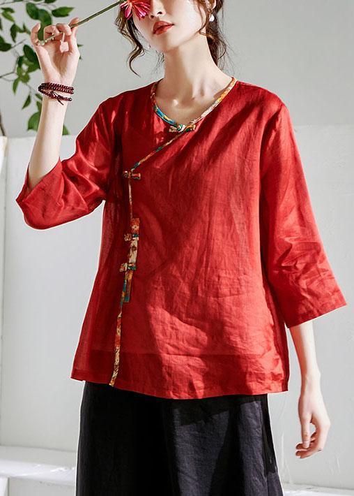 Red Oriental O-Neck Summer Ramie Shirts - Omychic