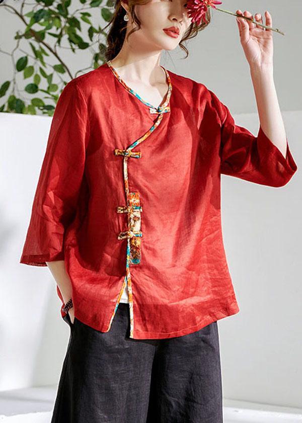 Red Oriental O-Neck Summer Ramie Shirts - Omychic