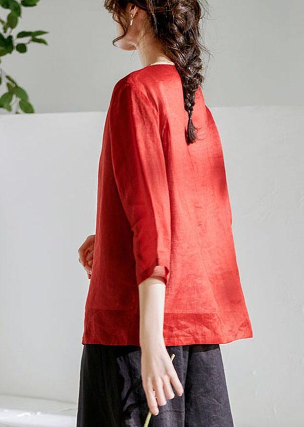 Red Oriental O-Neck Summer Ramie Shirts - Omychic