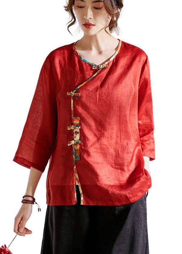 Red Oriental O-Neck Summer Ramie Shirts - Omychic