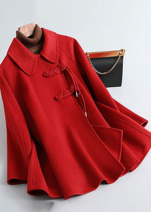 Red Oriental Woolen Jacket Tasseled Chinese Button Winter