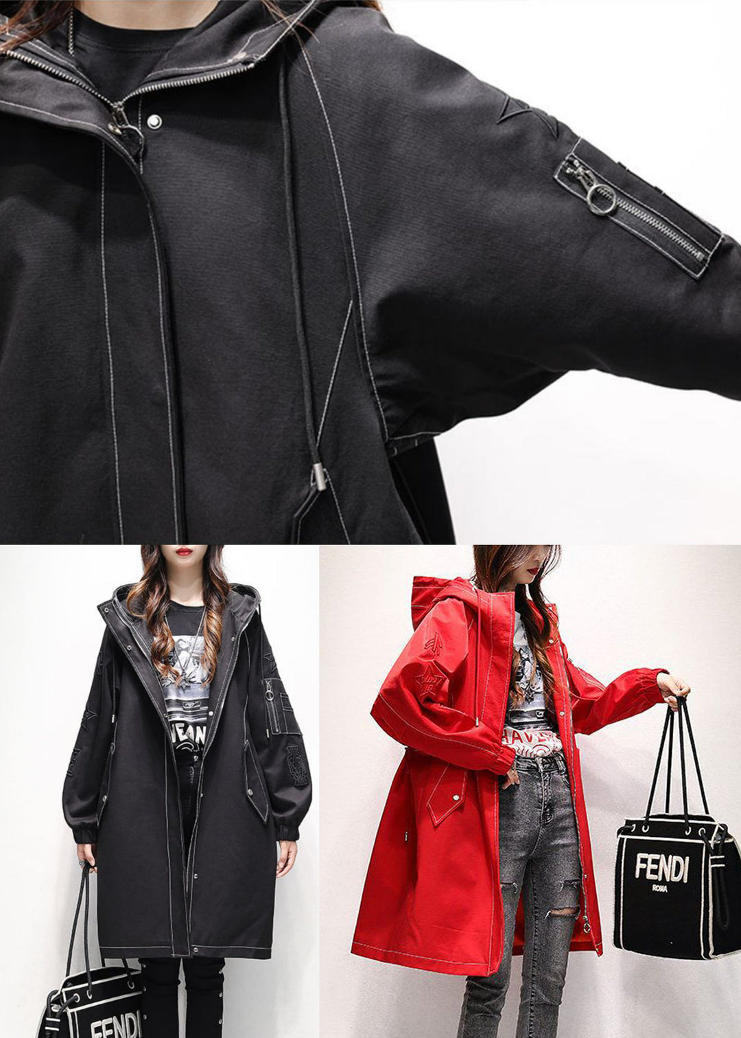 Red Oversized Fine Cotton Filled Trench Thick Zippered Winter