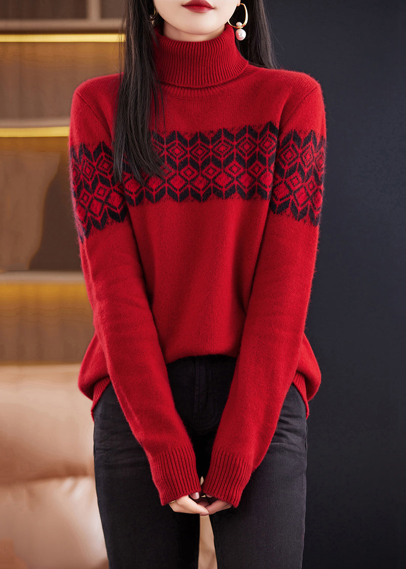 Red Patchwork Cozy Cotton Knit Sweaters Turtleneck Winter