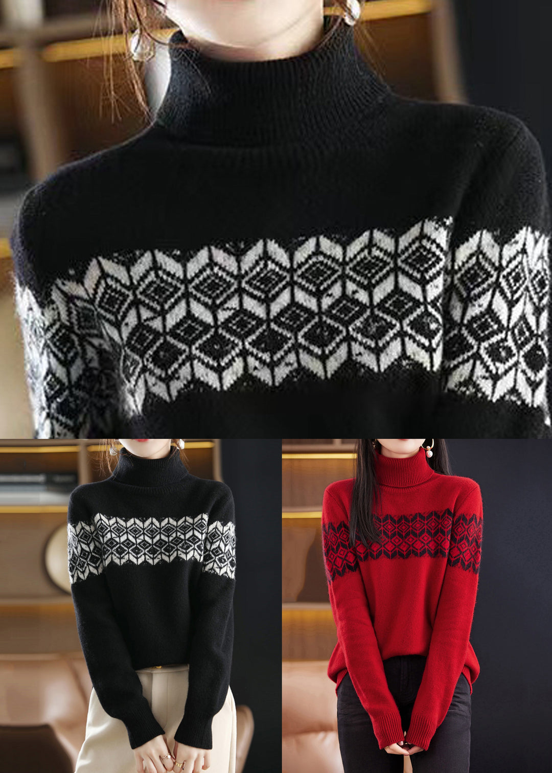 Red Patchwork Cozy Cotton Knit Sweaters Turtleneck Winter