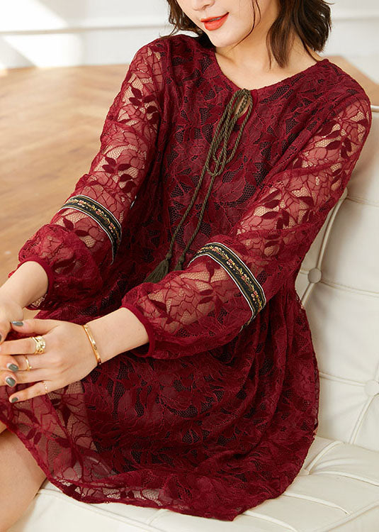 Red Patchwork Lace Dresses O Neck Wrinkled Lace Up Tasseled Spring