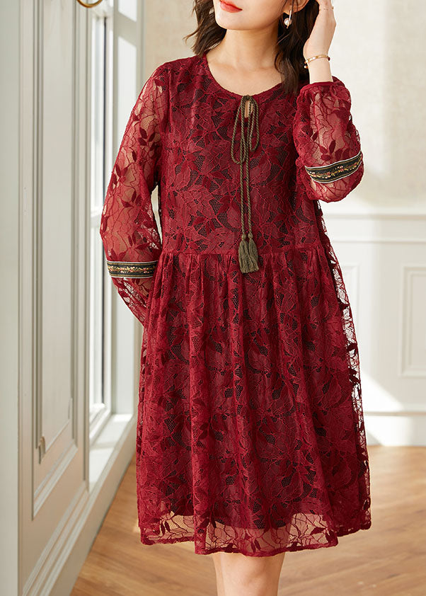 Red Patchwork Lace Dresses O Neck Wrinkled Lace Up Tasseled Spring