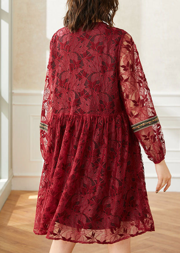 Red Patchwork Lace Dresses O Neck Wrinkled Lace Up Tasseled Spring