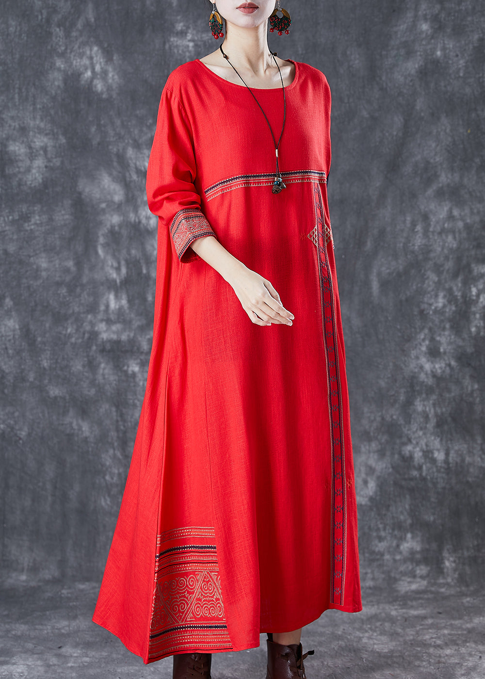 Red Patchwork Linen Maxi Dresses Embroideried Spring