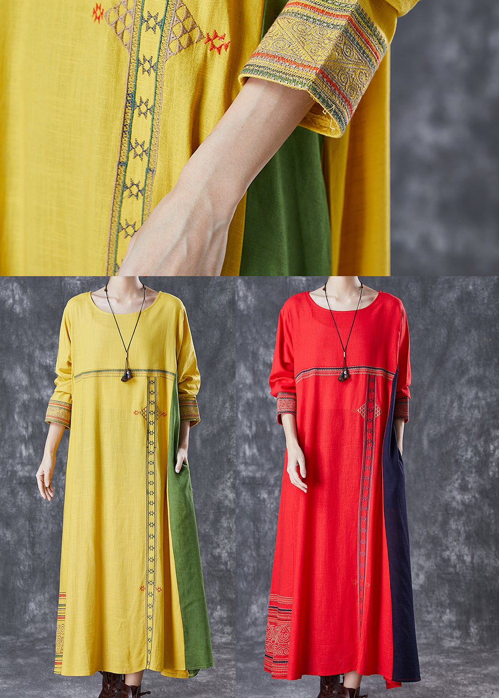 Red Patchwork Linen Maxi Dresses Embroideried Spring