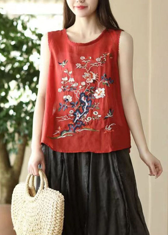 Red Patchwork Linen Tops Embroideried O Neck Sleeveless