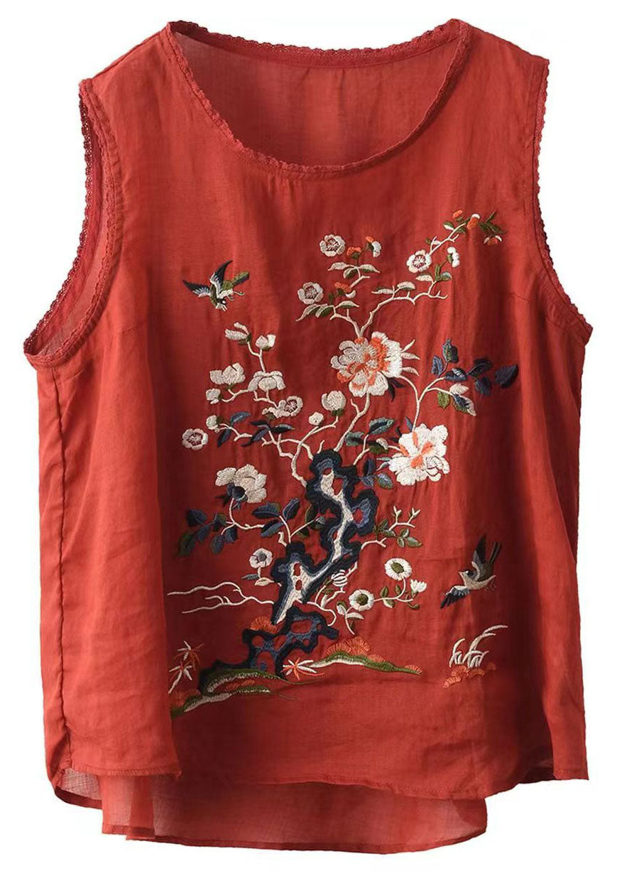Red Patchwork Linen Tops Embroideried O Neck Sleeveless