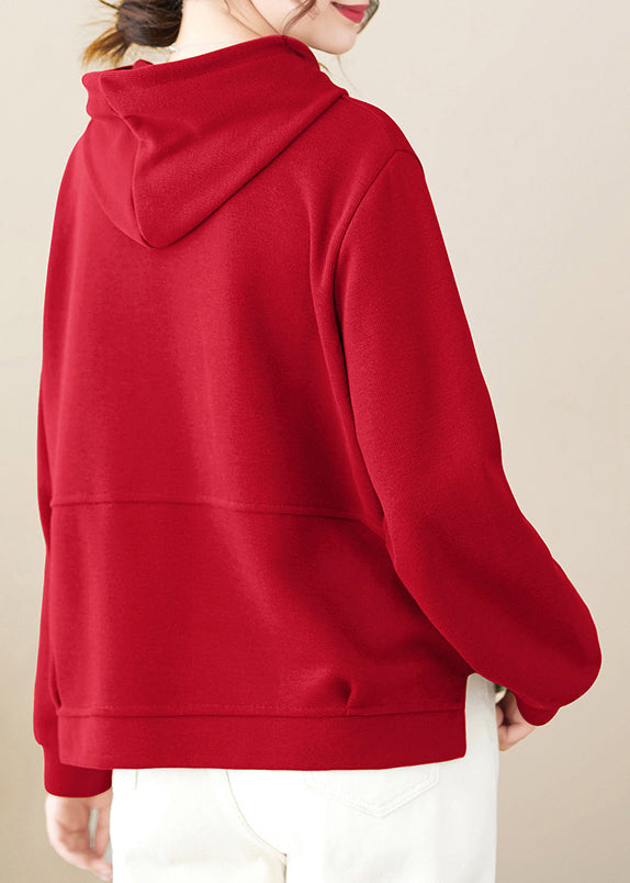 Red Patchwork Plus Size Cotton Pullover Streetwear Hooded Fall