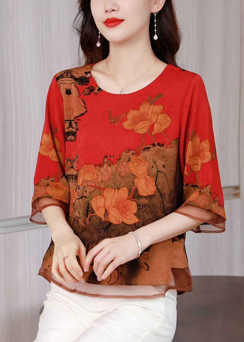 Red Patchwork Silk Blouse Top O-Neck Print Half Sleeve