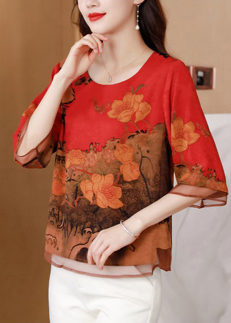 Red Patchwork Silk Blouse Top O-Neck Print Half Sleeve