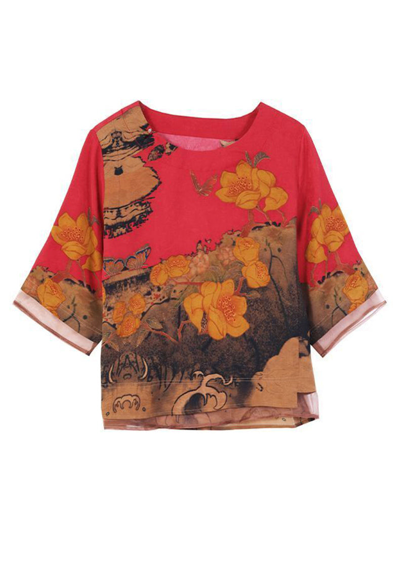 Red Patchwork Silk Blouse Top O-Neck Print Half Sleeve
