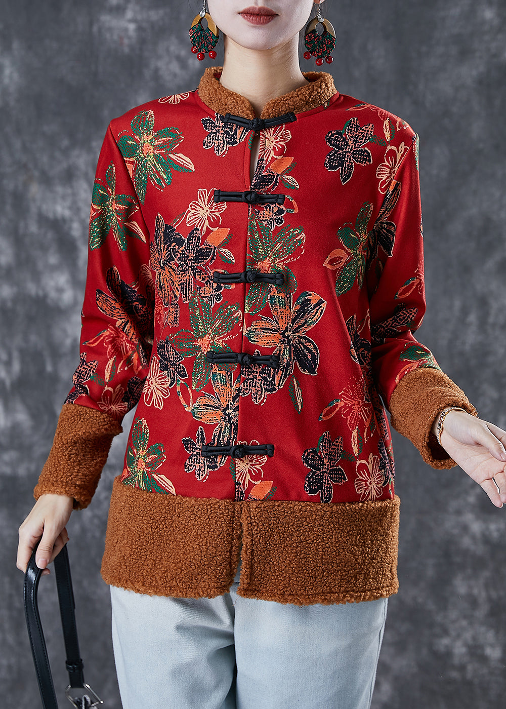 Red Patchwork Warm Fleece Jackets Chinese Button Winter