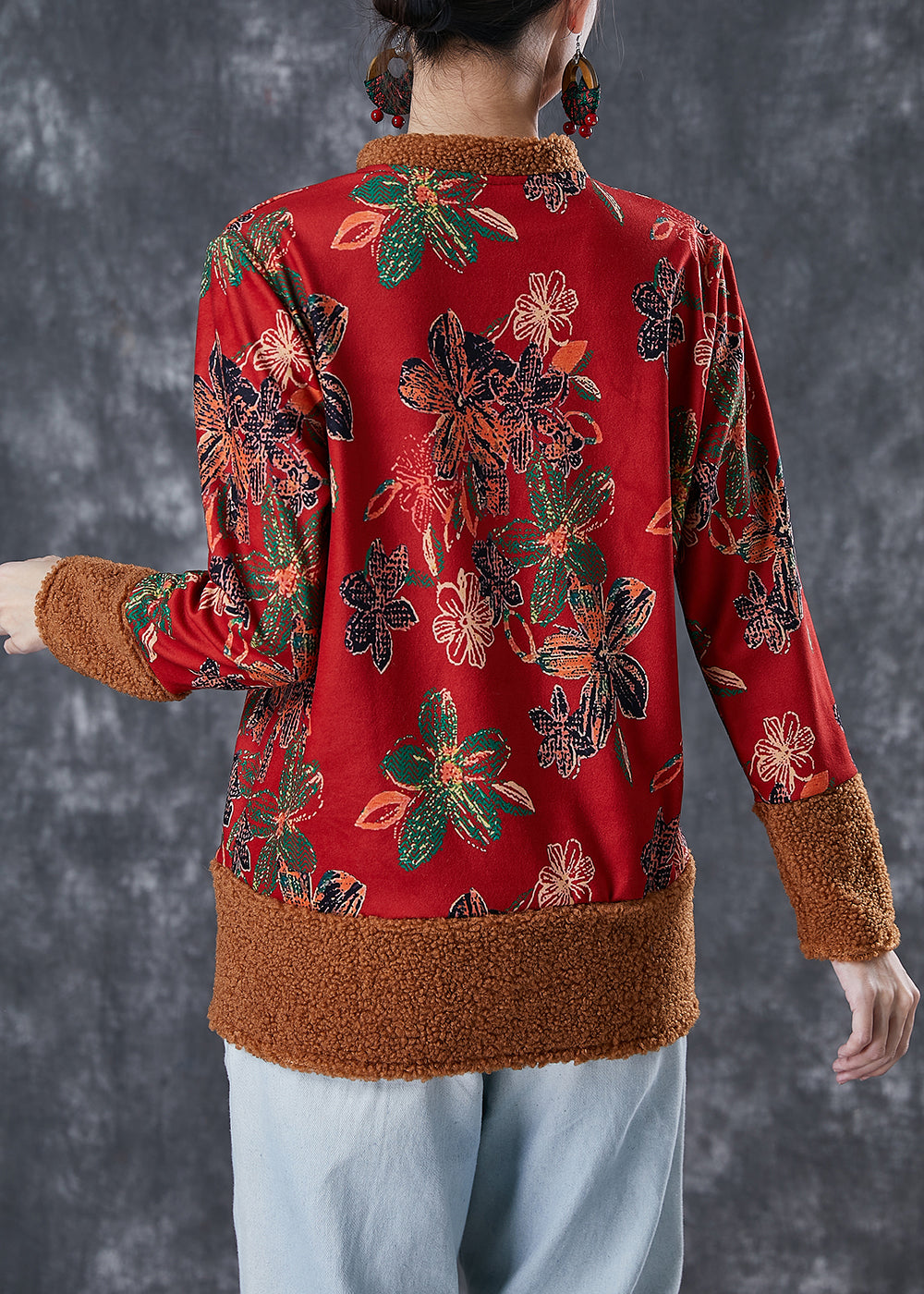 Red Patchwork Warm Fleece Jackets Chinese Button Winter