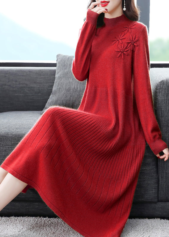 Red Patchwork Sweater Dress Embroidered Turtleneck Fall