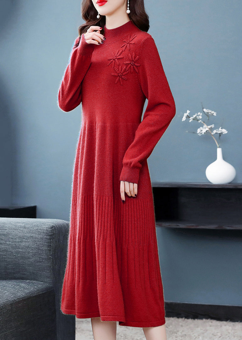 Red Patchwork Sweater Dress Embroidered Turtleneck Fall