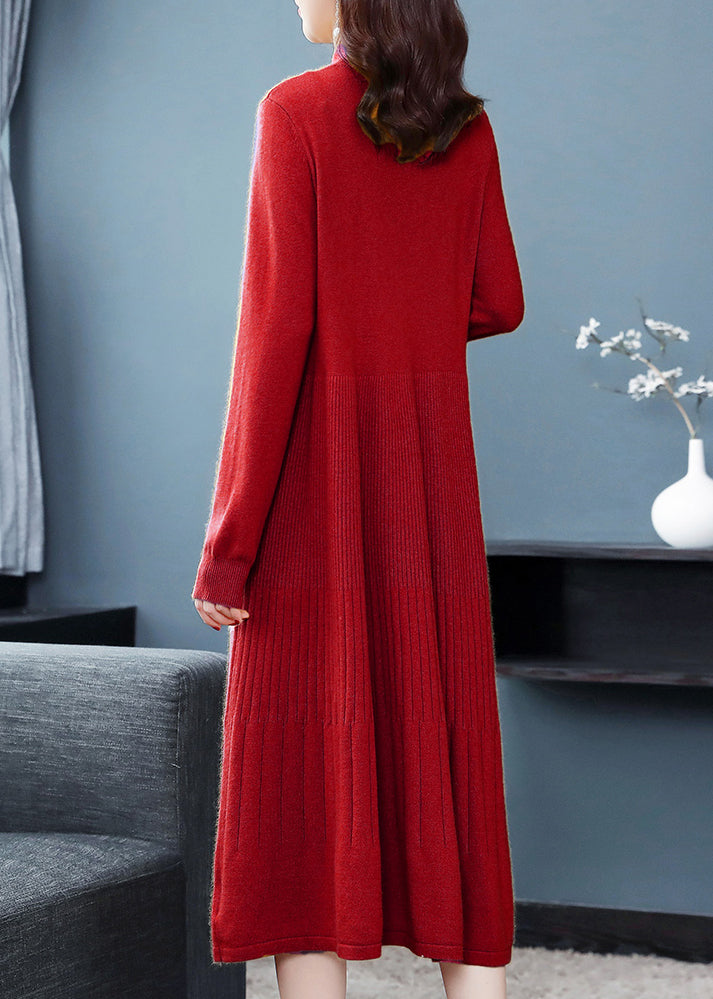 Red Patchwork Sweater Dress Embroideried Turtleneck Fall