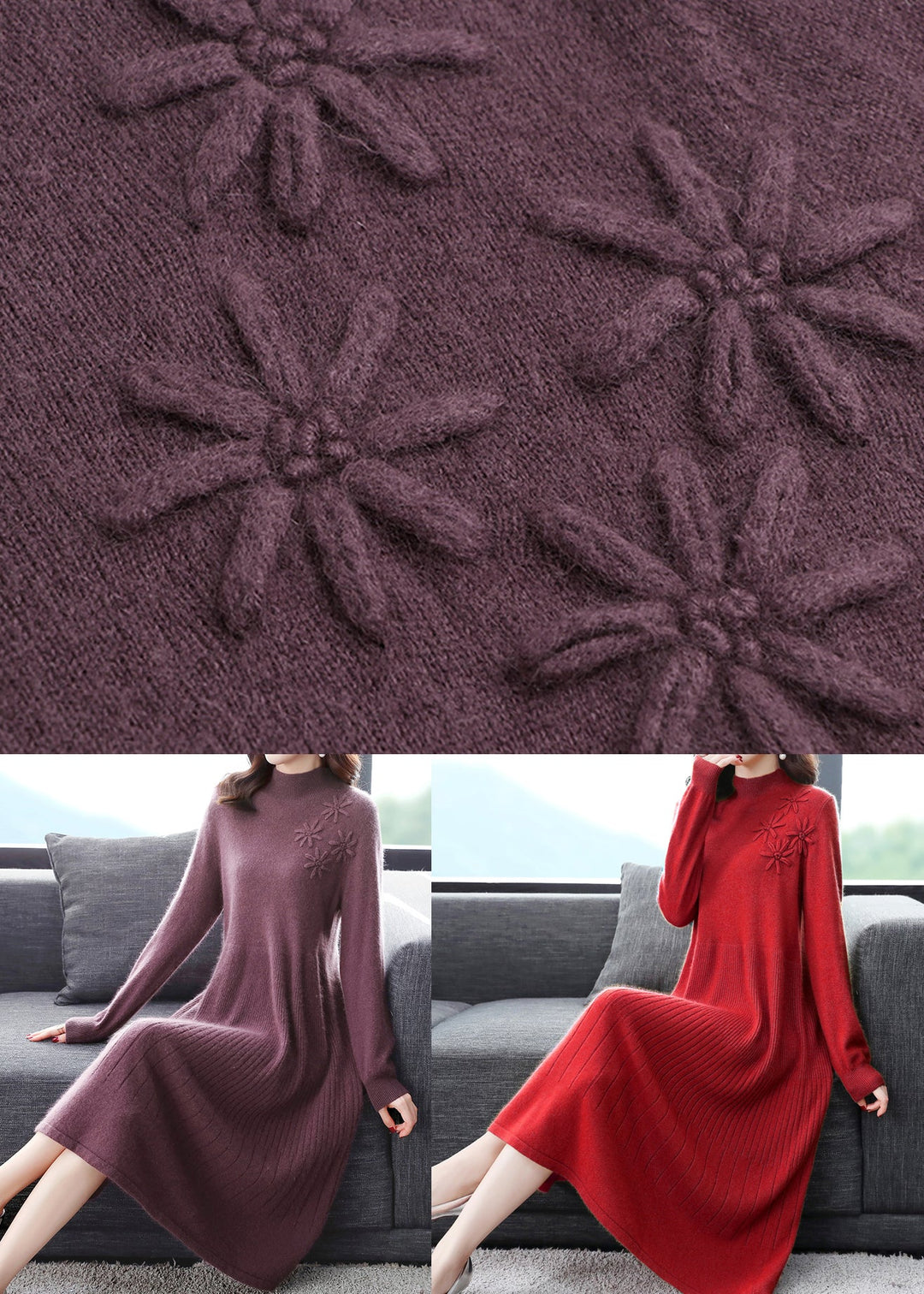 Red Patchwork Sweater Dress Embroidered Turtleneck Fall