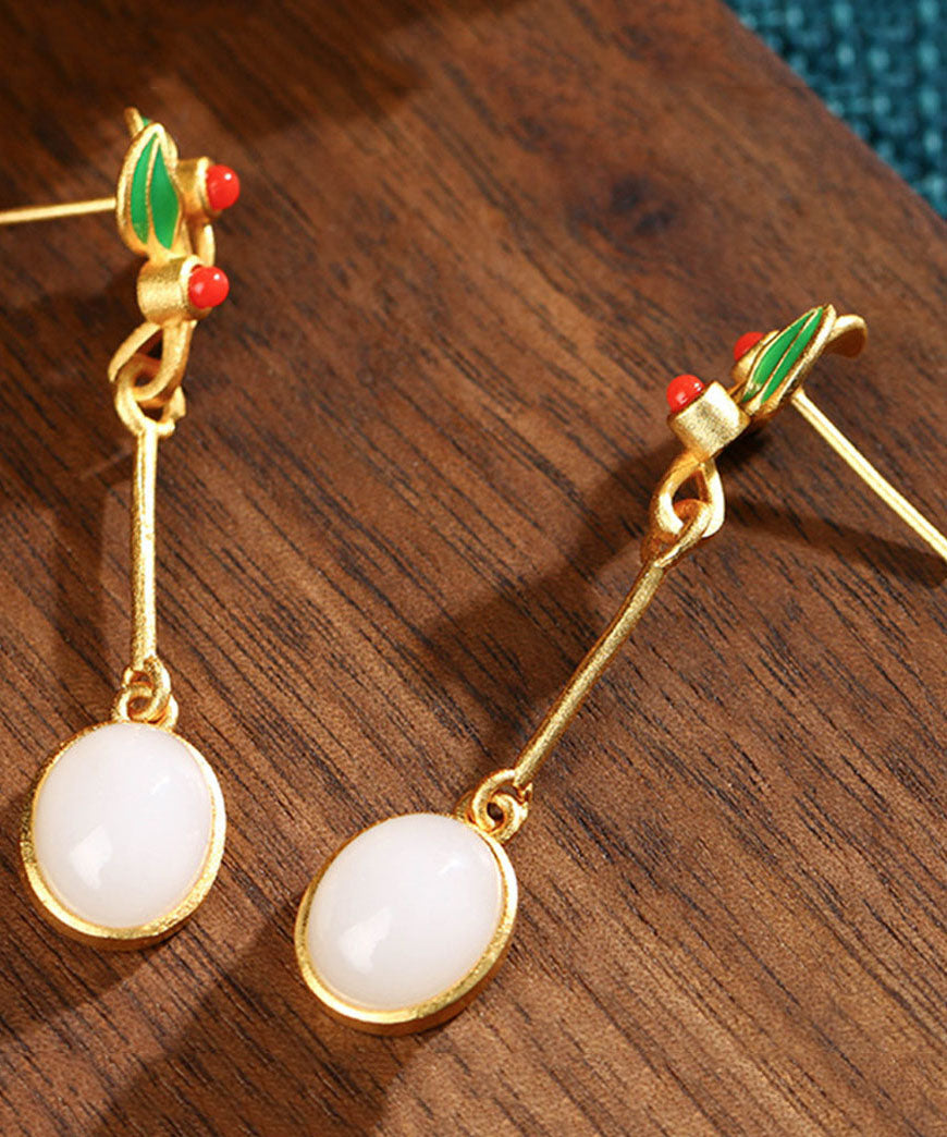 Red Pearl Alloy Inlaid Gem Stone Jade Drop Earrings