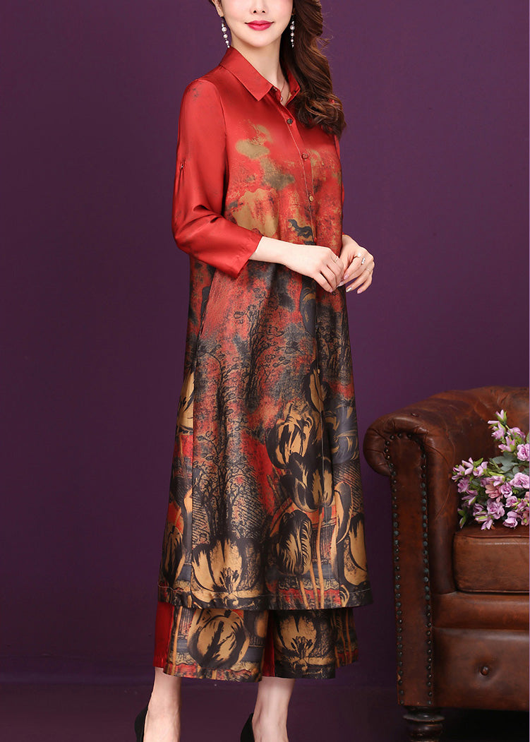 Red Peter Pan Collar Silk Long Shirts And Wide Leg Pants Two Piece Set Summer