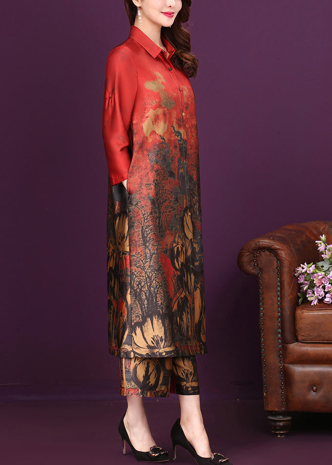 Red Peter Pan Collar Silk Long Shirts And Wide Leg Pants Two Piece Set Summer