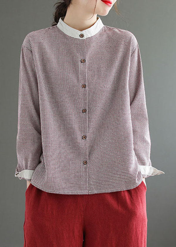 Red Plaid Patchwork Cotton Blouse Top Button Long Sleeve