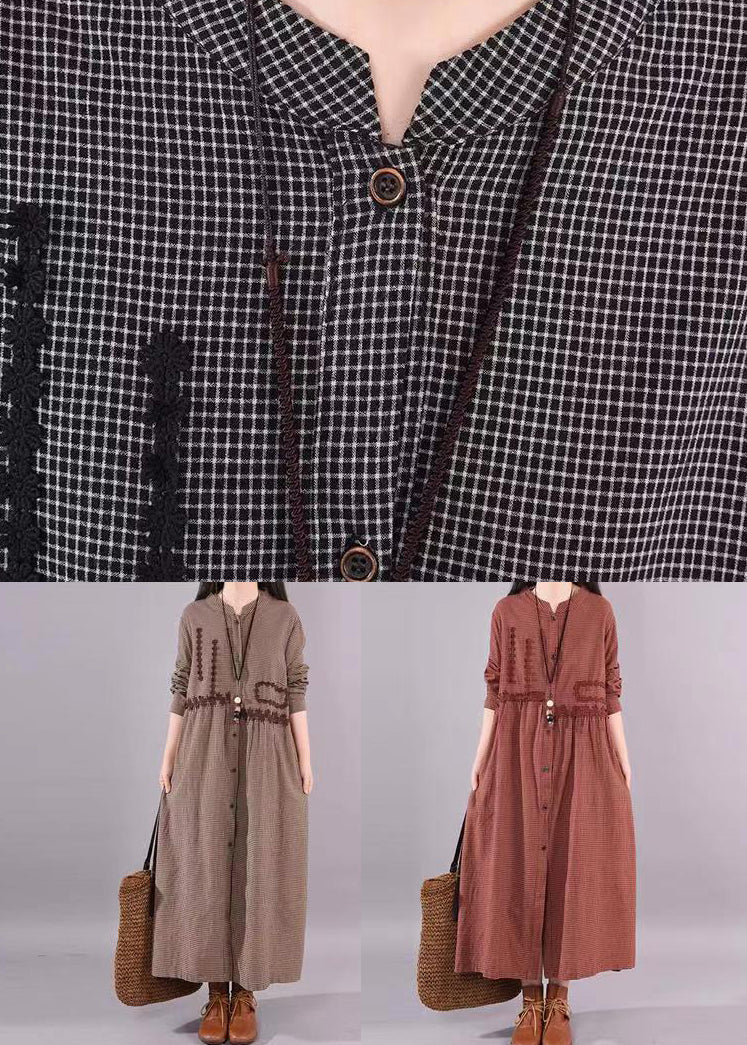 Red Plaid Patchwork Cotton Long Dress O Neck Stand Collar Fall