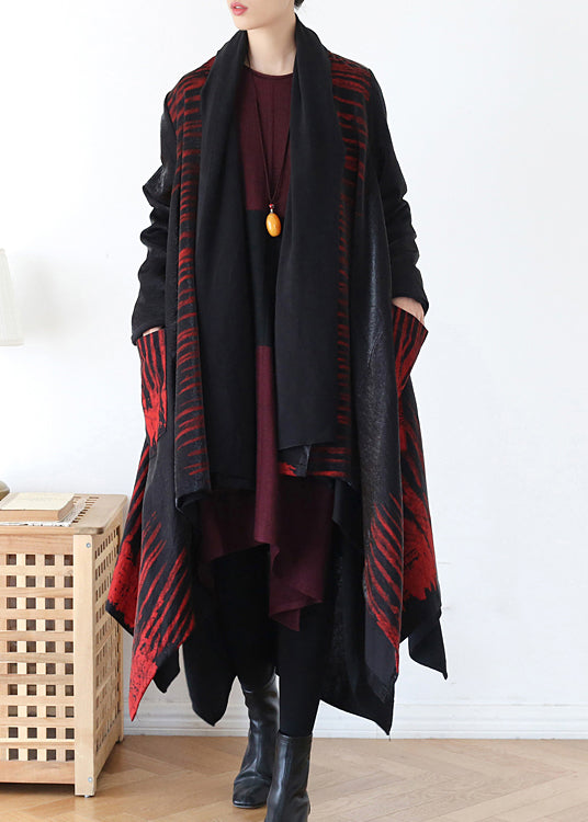 Red Pocket Trench Coats V Neck Long Sleeve