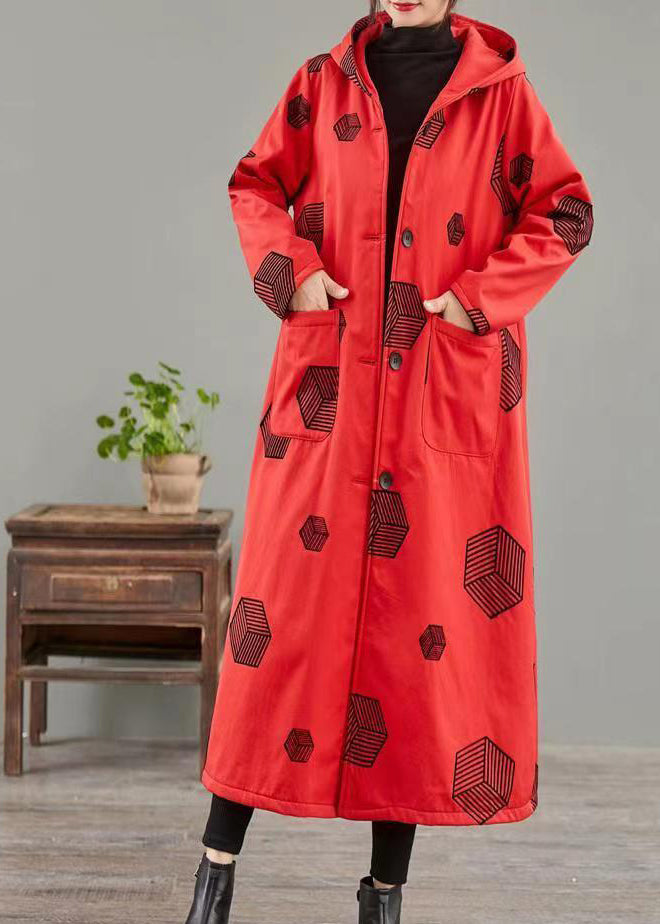 Red Pockets Print Patchwork Warm Fleece Hoodie Coat Winter