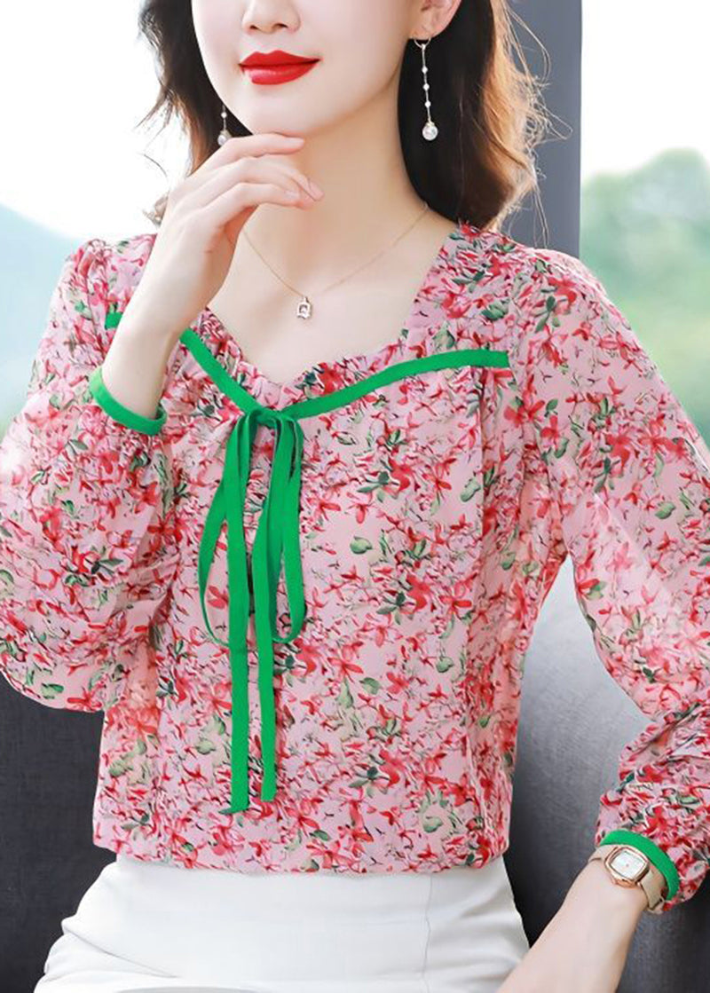 Red Print Chiffon Shirt Top Square Collar Oversized Summer