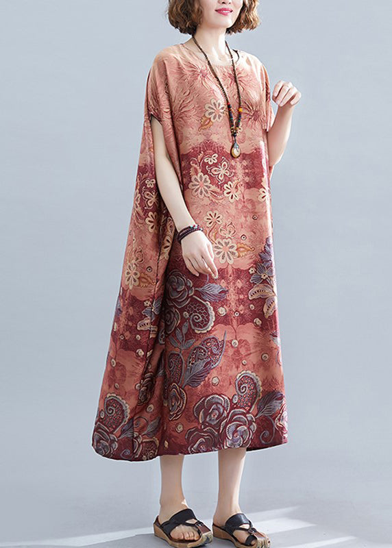 Red Print Draping Silk Loose Dresses O-Neck Short Sleeve