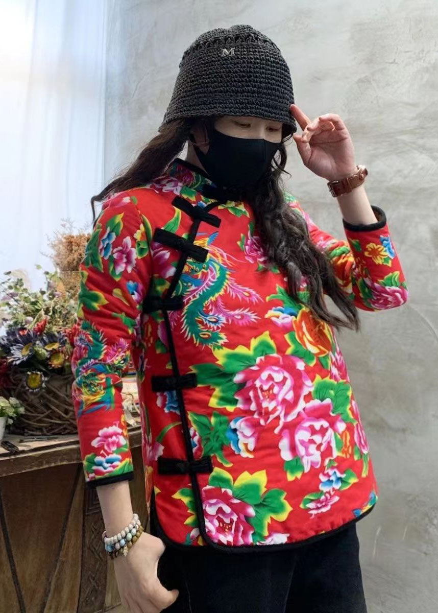 Red Print Fine Cotton Filled Coat Outwear Mandarin Collar Winter