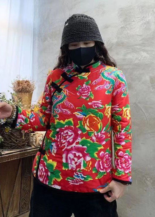 Red Print Fine Cotton Filled Coat Outwear Mandarin Collar Winter