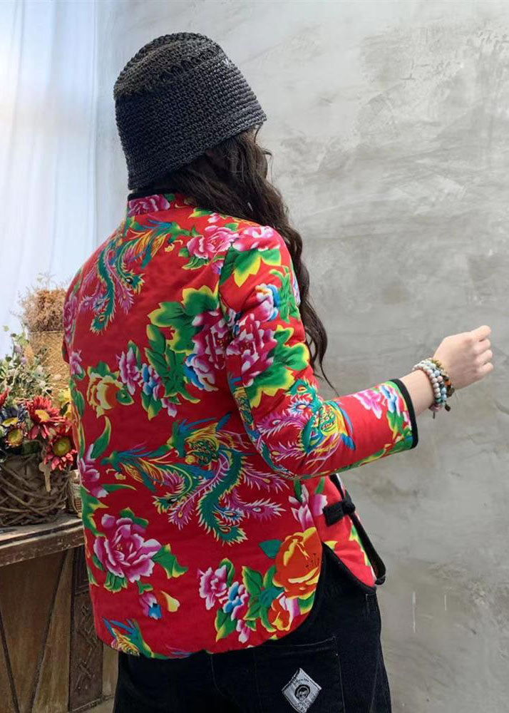Red Print Fine Cotton Filled Coat Outwear Mandarin Collar Winter