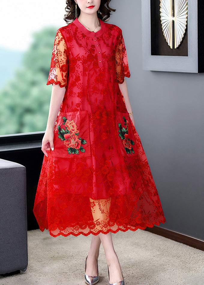 Red Print Hollow Out Button Tulle Maxi Dress Summer
