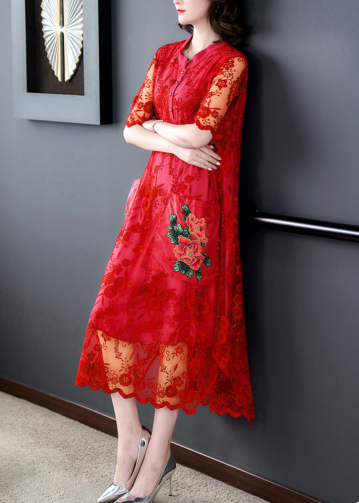 Red Print Hollow Out Button Tulle Maxi Dress Summer