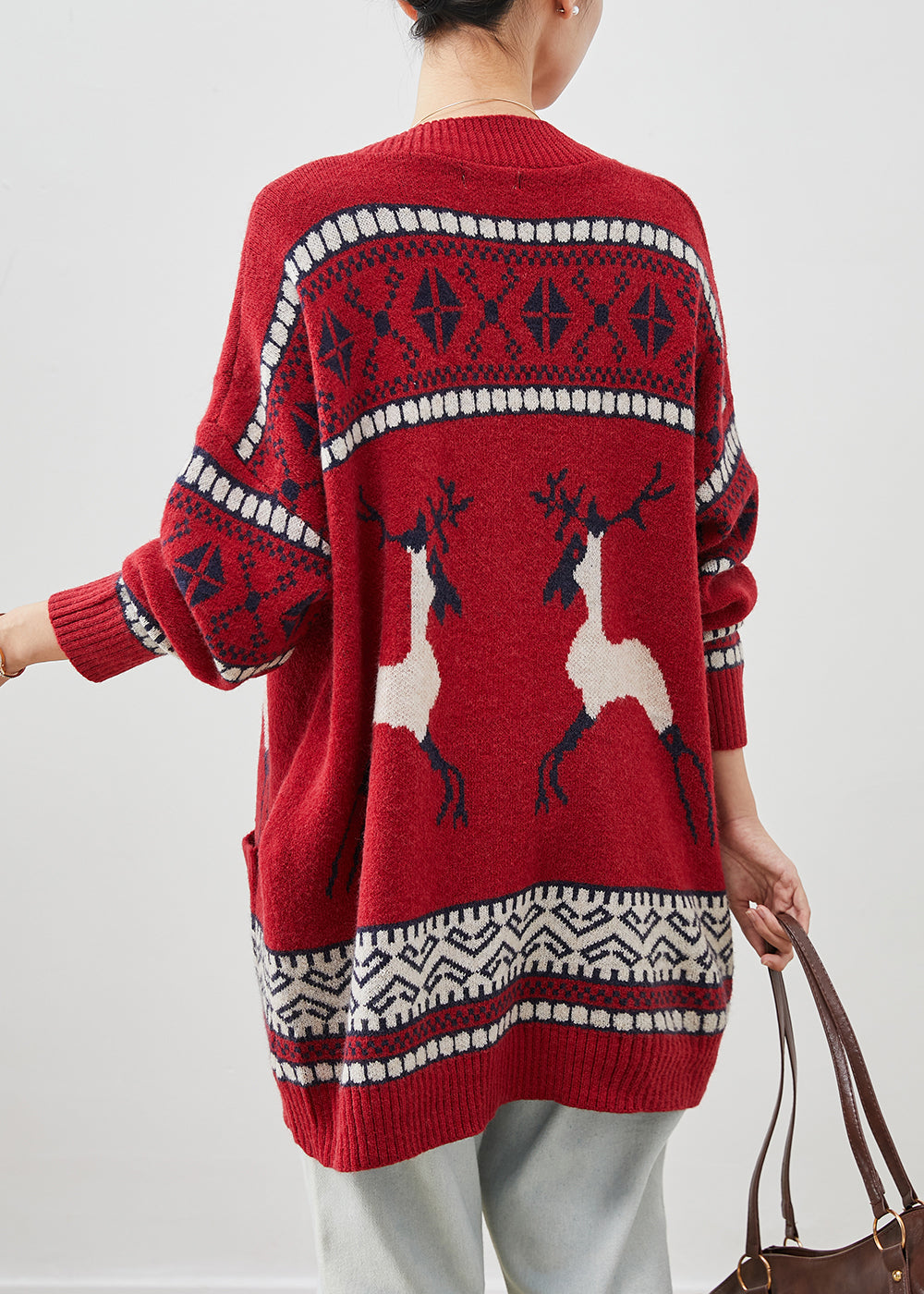 Red Print Knit Cardigans V Neck Pockets Winter