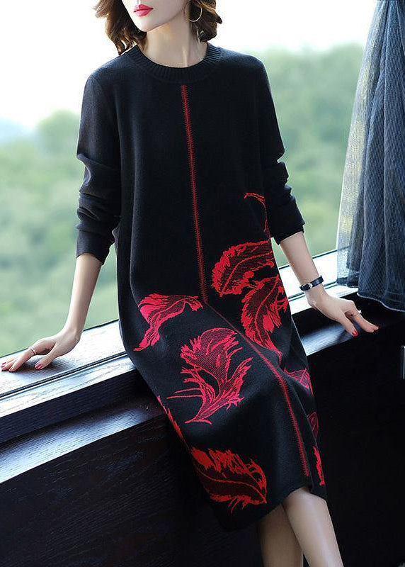 Red Print Knit Sweater Dress O-Neck Thick Winter